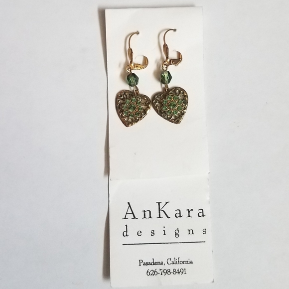 Hand Crafted Hearted Shaped Green Rhinestone Earrings - Picture 5 of 9